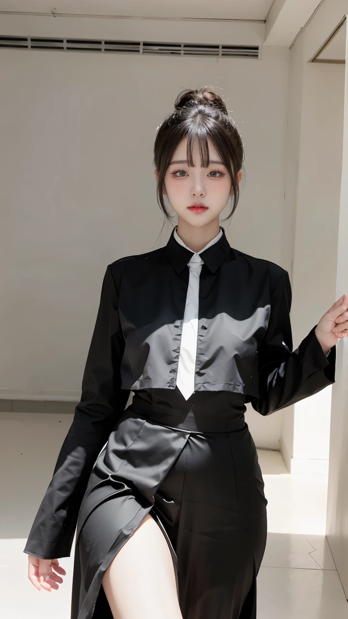 1girl, black random formal attire, white background, ray tracing, Catwalk, fashion exhibition,