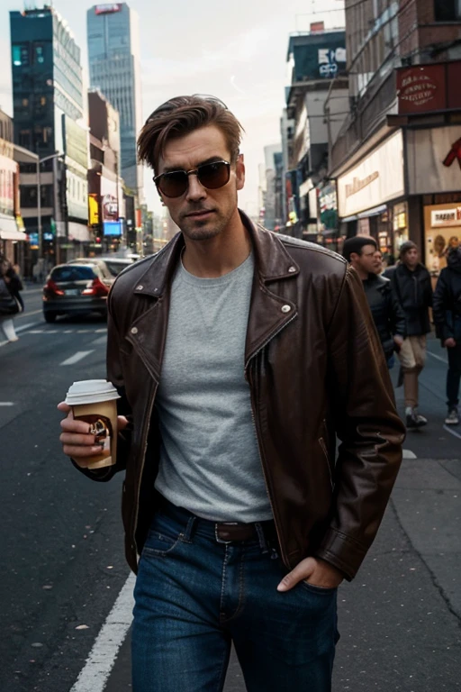 Generate an image of a tall, athletic man standing in a bustling city street during the evening. He has short brown hair and a confident expression, wearing a stylish leather jacket, jeans, and sunglasses. He is holding a coffee cup in one hand, with one hand in his pocket. The background should be a vibrant urban setting with tall skyscrapers, bright billboards, and lively pedestrians. The lighting should feature bright neon colors from the billboards and street lamps, creating a dynamic contrast with deep shadows. The overall style should be semi-realistic, capturing the energetic and dynamic atmosphere of the city (realistic picture)