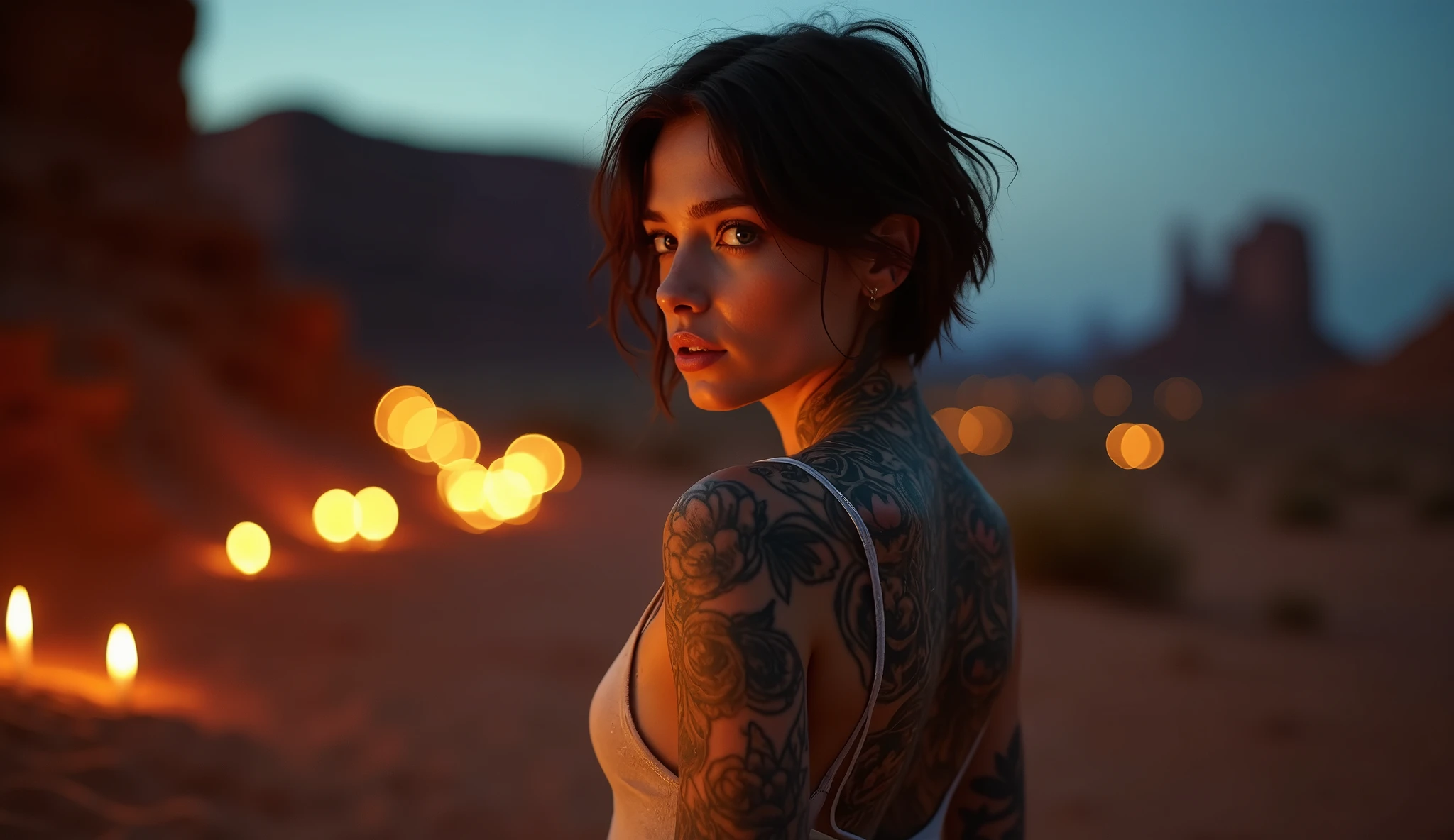 tatuados,Very beautiful big breasts、(Tears),(Back tattoo、Many tattoos on both arms and neck)、 (Monument Valley at night,A red rock mountain towering over the wilderness),Candlelight only,Very detailed, 21 years old, A beautiful woman,Depressed face, Brown Hair,short hair, blue eyes, High resolution, masterpiece, Highest quality, Intricate details, Very detailed, Clear focus, Delicate skin, practical skin texture, texture, Delicate eyes, Professional, 8k, Sad face,despair、 Shot with Canon, 85mm, Shallow and deep, Kodak Vision Color, Exactly, Very detailed, photograph_\(Extremist\), photographpractical, practical, Post-processing, Maximum details, Roughness, Real Life, Extremist practical, Photorealism, photographgraphy, 8k ウルトラ HD, photographgraphy
