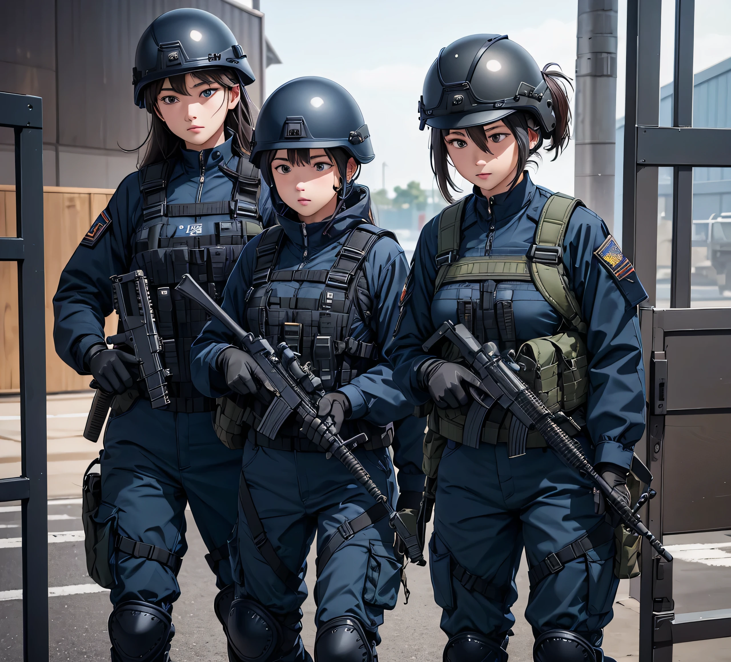 A group of female special forces soldiers wearing helmets，Wearing navy blue uniform、Military Pants、Magazine Pouch、Tactical harness、Gun in hand，Knee pads，Military base gate，Write details、masterpiece、best quality、Highly detailed CG、8K picture quality