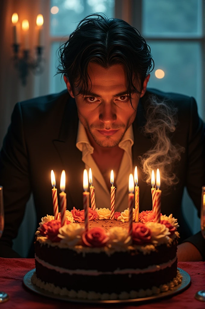 Make a short-haired vampire by blowing out birthday candles on a cake