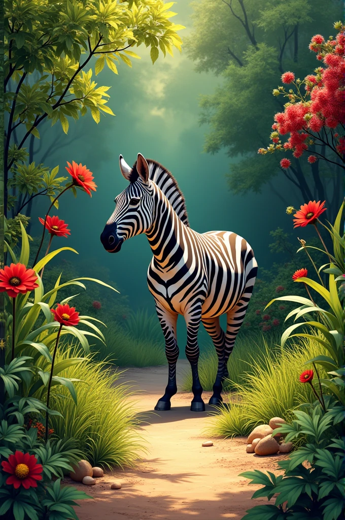 Create an wildlife image with all the below mentioned colour in one single photo - olive green, maroon, red, black, acid-green, brown, beige, pistachio green with a small zebra somewhere