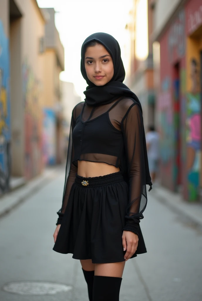  girl with hijab, black long socks, mini skirt and transparent crop top 