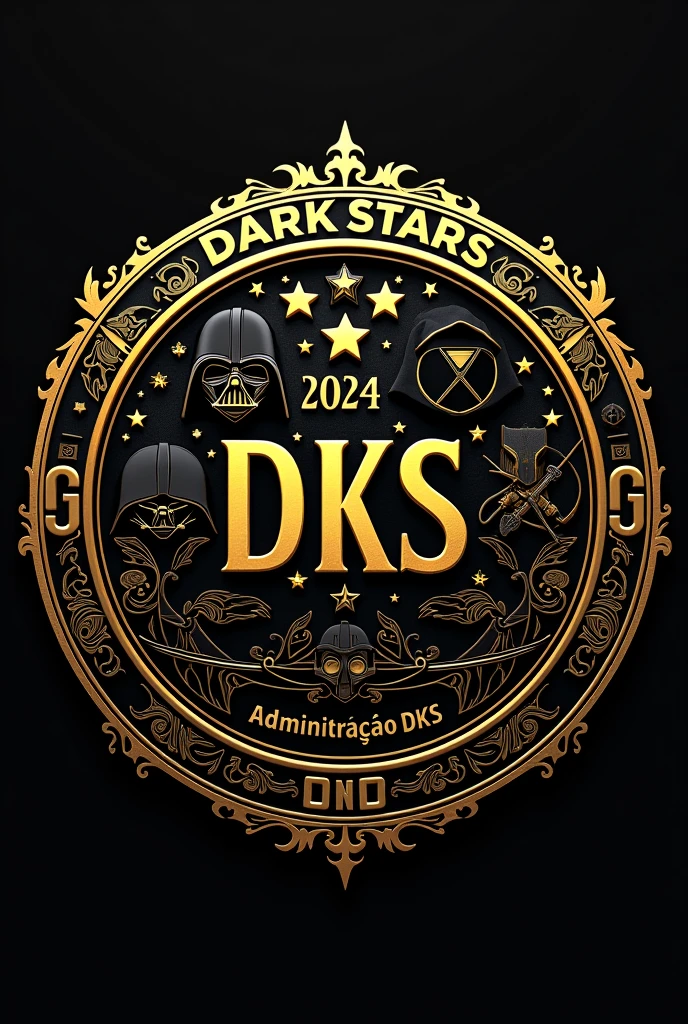 Create a round football (soccer) crest with a **black and gold** color scheme, incorporating elements from the **Star Wars** universe, with **characters** from the movies featured in the design. The name "**Dark Stars**" should be prominently displayed at the top, with the abbreviation "**DKS**" centrally or below the team name. Include the text "**Administração DKS**" as part of the design, positioned either at the bottom or within the central area of the crest. Add **golden stars** as additional elements, possibly around the border or integrated with the overall design. Ensure the **borders are detailed in gold** with intricate patterns, and include the year **2024** subtly within the design. The aesthetic should blend the iconic, futuristic look of Star Wars with the classic style of a football crest.