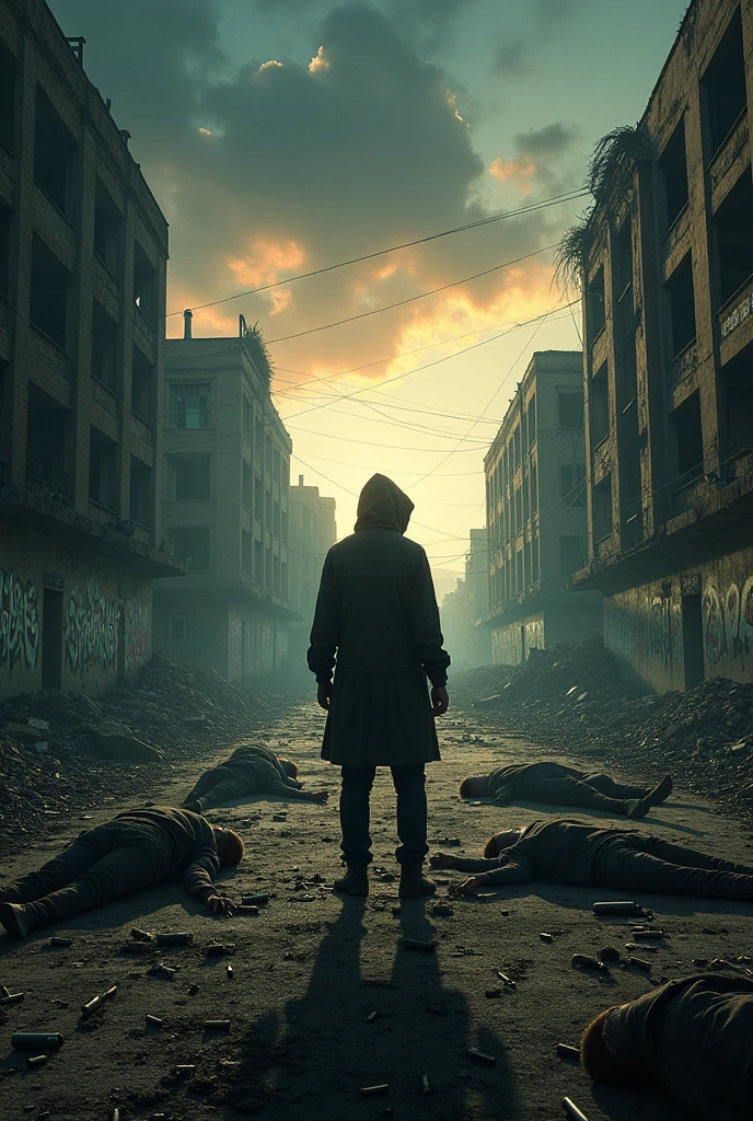 Crie uma imagem como se fosse um banner de anuncio de filme ou seriado de tv - escrito fall arthon ( season 2novembro 2024) quero que nessa imagem essa um mundo apocaliptico , que tenha casas destruidas cidade devsatadas , e na imagem tenha um de costas cheio de bala de arma no chao e varios corpos no chao de pessoas mortos