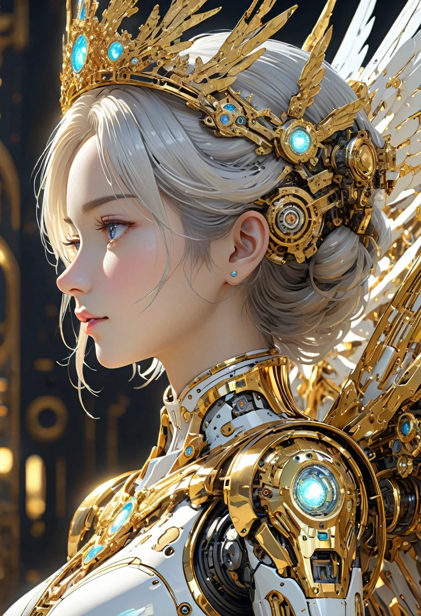(((機械の女godの頭のClose-up))),profile,Staring at me,Precise details,light emitting parts,universe,god々Fine detail parts,Very luxurious,機械の女god,White Machine,Mechanical Wings,crown,Golden Ring,Machine Face,(masterpiece, Highest quality, Highest quality, Official Art, beautifully、beautiful:1.2,Ray Tracing),((Close-up))