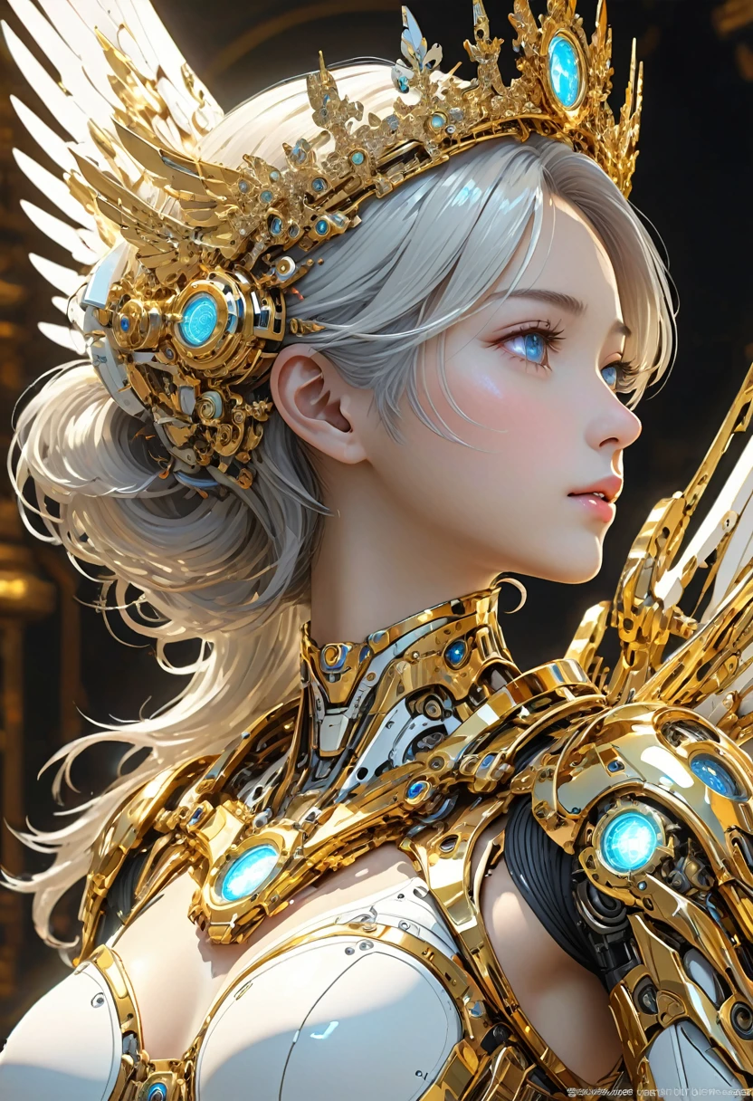 (((機械の女godの頭のClose-up))),profile,Staring at me,Precise details,light emitting parts,universe,god々Fine detail parts,Very luxurious,機械の女god,White Machine,Mechanical Wings,crown,Golden Ring,Machine Face,(masterpiece, Highest quality, Highest quality, Official Art, beautifully、beautiful:1.2,Ray Tracing),((Close-up))