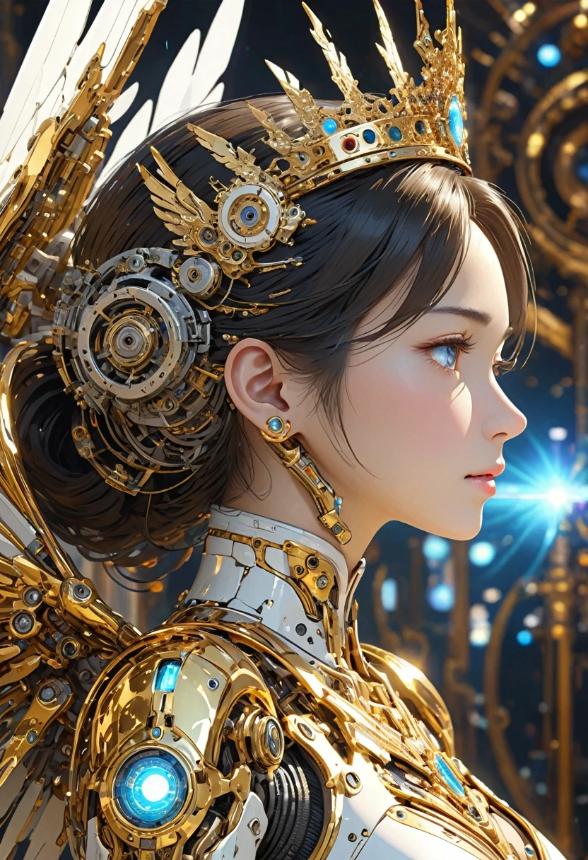 (((機械の女godの頭のClose-up))),profile,Staring at me,Precise details,light emitting parts,universe,god々Fine detail parts,Very luxurious,機械の女god,White Machine,Mechanical Wings,crown,Golden Ring,Machine Face,(masterpiece, Highest quality, Highest quality, Official Art, beautifully、beautiful:1.2,Ray Tracing),((Close-up))