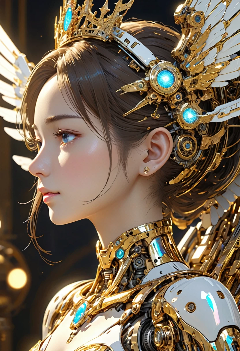 (((機械の女godの頭のClose-up))),profile,Staring at me,Precise details,light emitting parts,universe,god々Fine detail parts,Very luxurious,機械の女god,White Machine,Mechanical Wings,crown,Golden Ring,Machine Face,(masterpiece, Highest quality, Highest quality, Official Art, beautifully、beautiful:1.2,Ray Tracing),((Close-up))