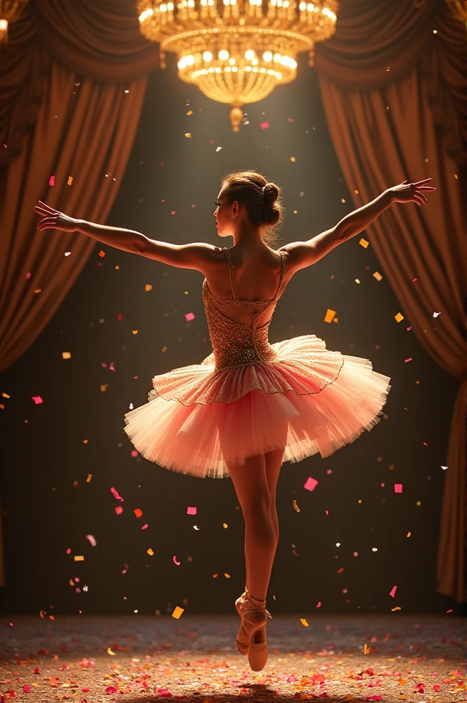 A ballerina with an extra extravagant tutu who performs a crazy jump