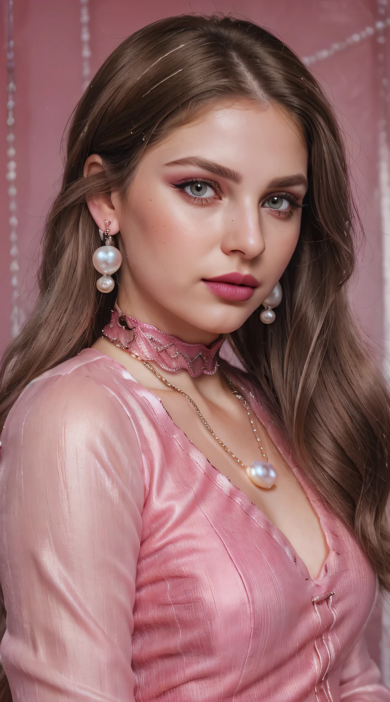 (Blond brown hair), (RAW photo, realism: 1.8), (very dark pink lip gloss), (dark jet pink lipstick), (many eyelashes), (eye shadow), (too much shy), (too much blushing), (high quality), (high resolution), (depth of field), (chromatic aberration), (caustic), (wide light), (pearl pink colors), (22 year old woman), (innocent face), (cute face), (chicks) (necklaces), ((nose pin)), (chokers), (earring), (bracelets), (wear many accessories), (very soft pearl pink fair ), very good clothing), (style A good woman), (pink silk salvar kameez), (dupatta), (beautiful pearl pink fair skin), (beautiful legs), (lots of exposure), (very  line), (figure that looks delicious), (long and brod lips),