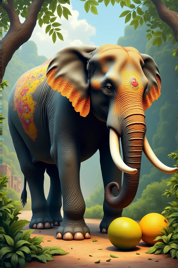 Elephant crushing two jackfruit, India map on elephant