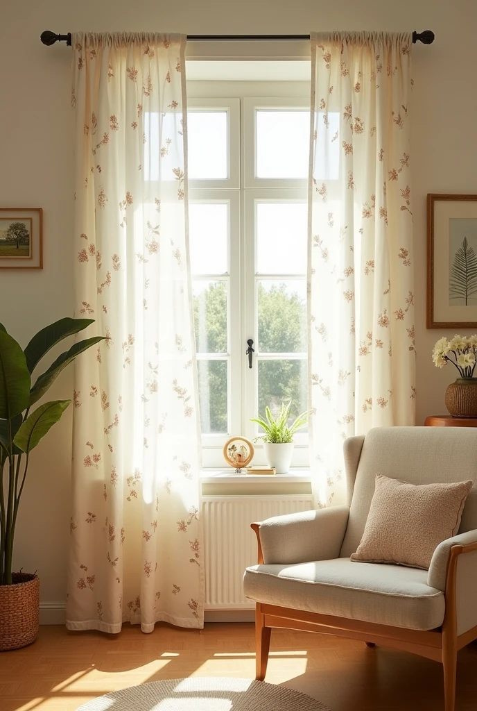 White wall、Stylish room、Small floral pattern curtains、Sunny、bright