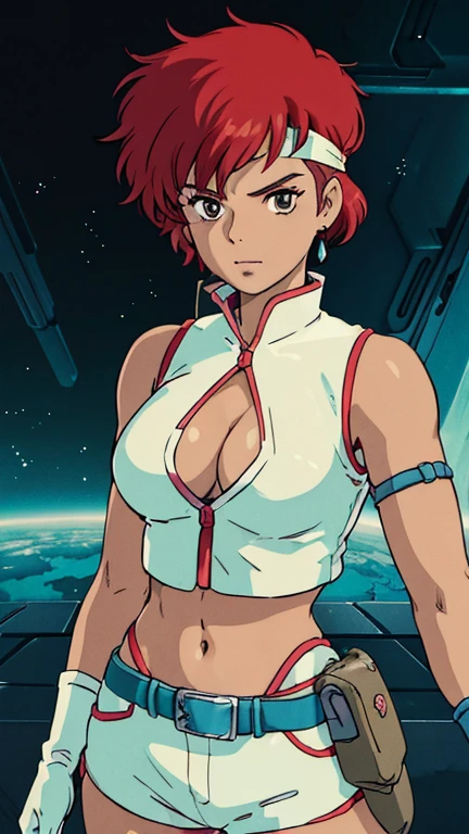 (dirtypairkei,1girl, hairband,short hair,red hair,earrings,brown eyes,dark skin, aqua crop top,sleeveless,cleavage,midriff, arm strap, aqua single glove,wristband, aqua micro shorts,belt,holster), (extremely detailed CG unit 8k wallpaper),(master part), (best quality), (ultra detail), (best illustration),(melhor ombre), cowboy shot, (Sharp eyeliner, ombre, detailed eyes:1), Spaceship bridge, break , (ghibli style), upper body, 