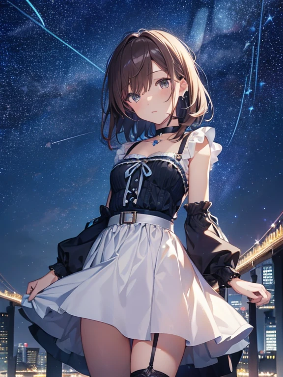 (Starry Sky:1.5), Misaka Mikoto, 1girl, Night Dress, black choker, uhd, retina, masterpiece, ccurate, anatomically correct, textured skin, super detail, high details, high quality, best quality, highres, 4K