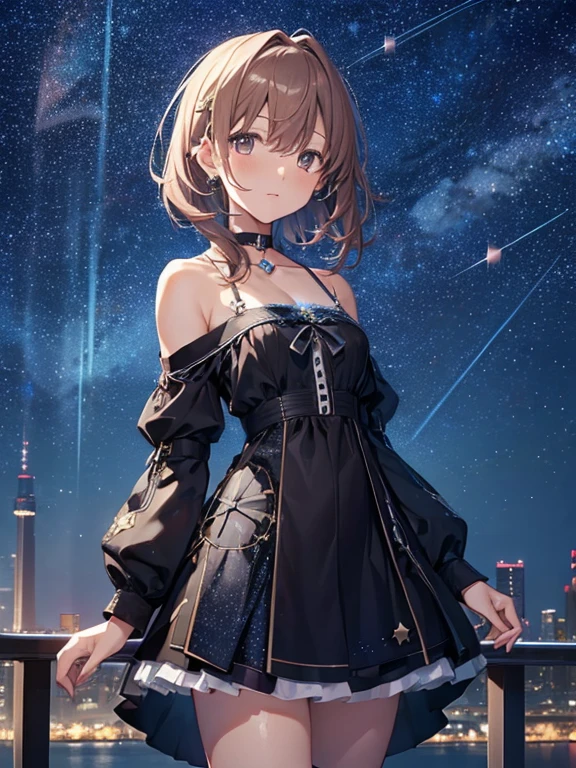 (Starry Sky:1.5), Misaka Mikoto, 1girl, Night Dress, black choker, uhd, retina, masterpiece, ccurate, anatomically correct, textured skin, super detail, high details, high quality, best quality, highres, 4K