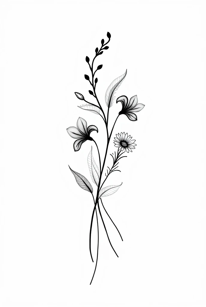 A minimalist tattoo of a bouquet of flowers combining the birth flowers of March, May, August and October in black and white (illustration)