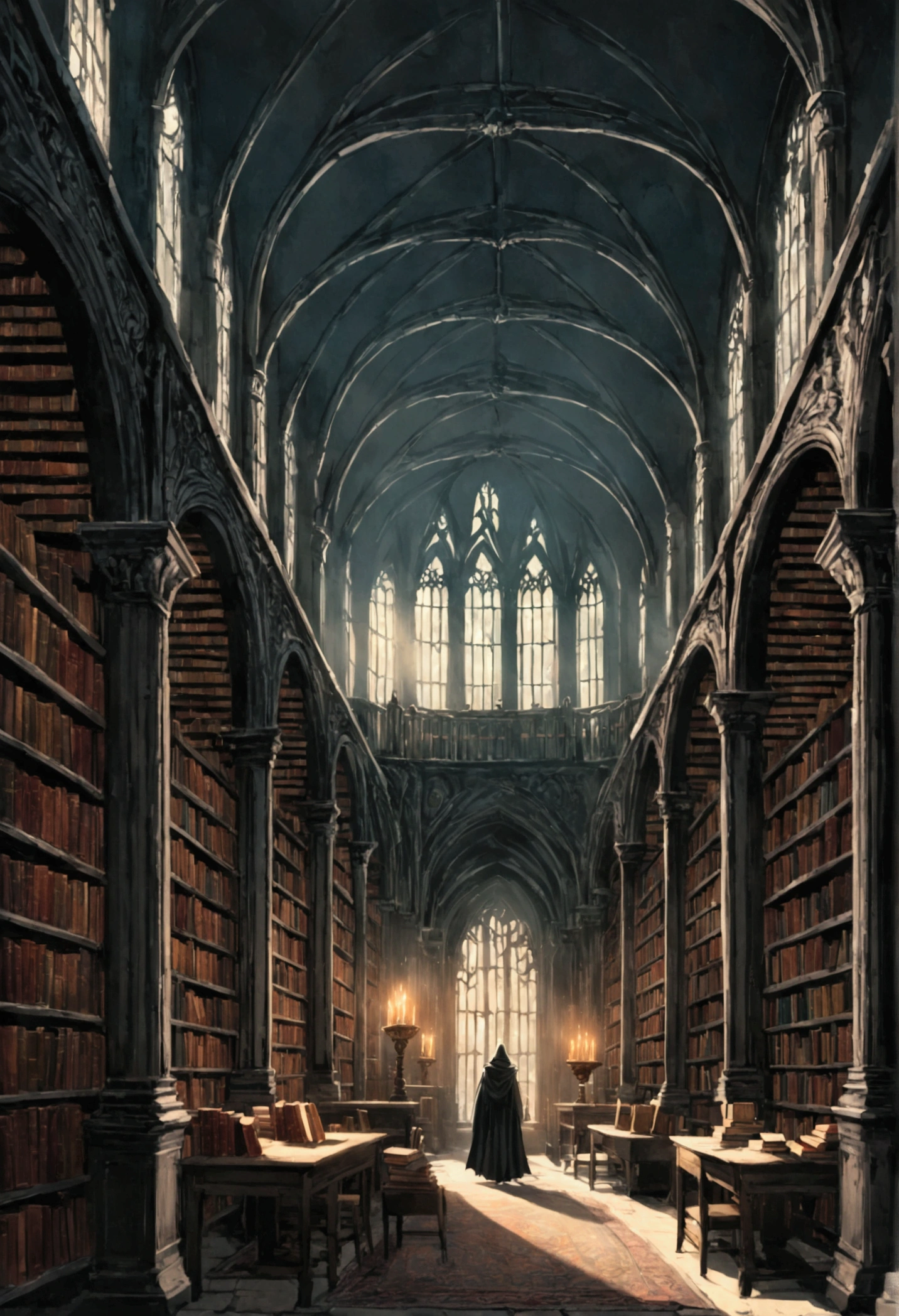Dark souls floating in a haunted library, with many books. Spirits flying in the room
