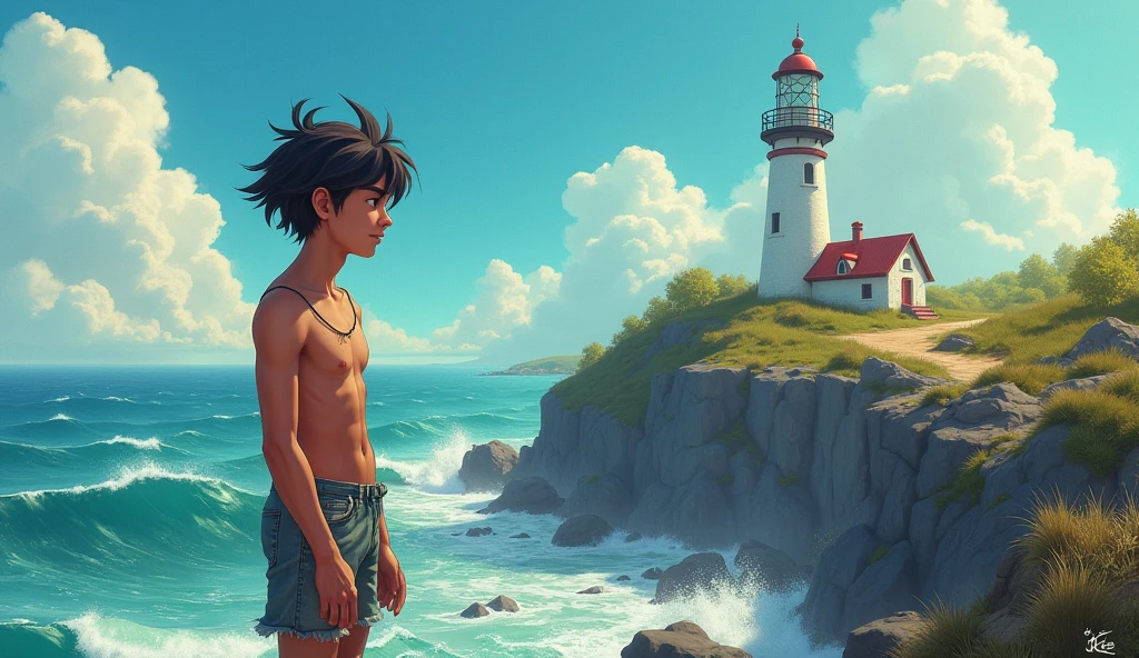 Kai is a lean, wiry teenager with tanned skin from long days spent under the sun. His hair is dark and unruly.A bond of friendship between the boy and the lighthouse keeper, shown through their shared moments at the lighthouse."**