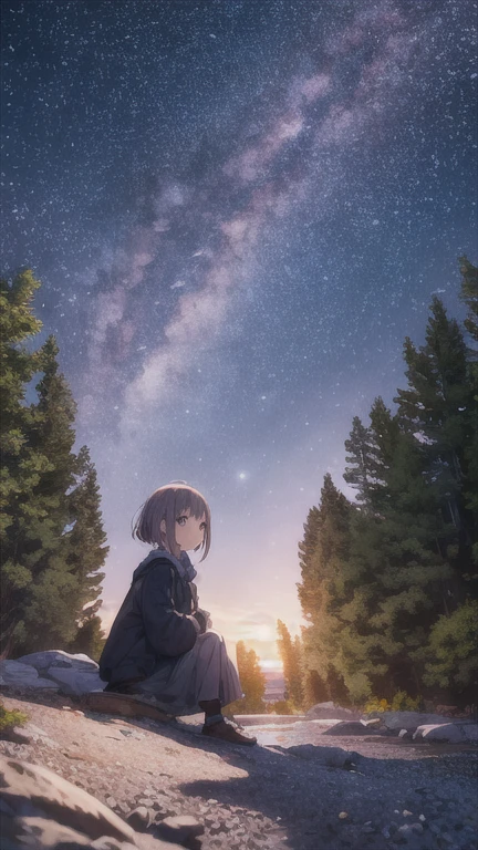 (masterpiece,ultra-detailed,best quality,8K,illustration,shaved:1.2),(petite girl:1.0) hoshizora,starry sky,outdoor,sitting