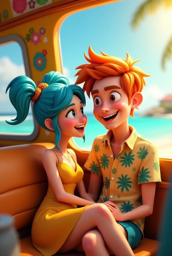 3d cartoon couple inside a van