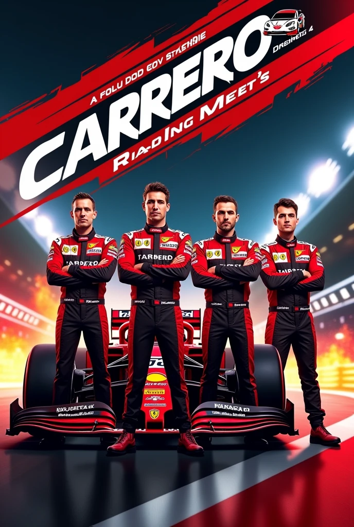 The image is a promotional poster for a racing team called "Carrero Men's". It features four men, likely race car drivers, standing in front of a race car. The poster is in a red and black color scheme, with the team's name prominently displayed in large, bold letters. The poster also includes the team's logo, which features a stylized race car. The team's slogan is "A bond of elegant and unbothered men and women who has a ethereal heart and beauty than can amaze even a ruler established since July 9 2024 under the captaincy of Hiro Yux Carrero". The poster is likely intended to promote the team's upcoming race season.