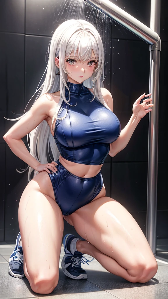 av idol, 32-years-old girl with brown eyes, and white hair that is shoulder length with bangs. Her body is more curvaceous. wearing a sexy while and blue track outfit with black sneakers, in the shower, getting wet, high_resolution, kneeling