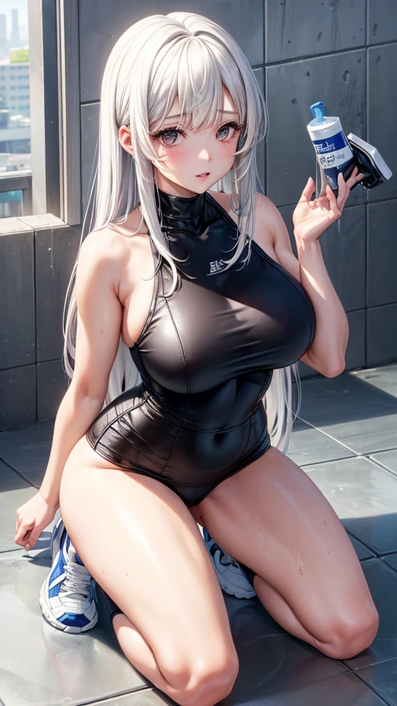 av idol, 32-years-old girl with brown eyes, and white hair that is shoulder length with bangs. Her body is more curvaceous. wearing a sexy while and blue track outfit with black sneakers, in the shower, getting wet, high_resolution, kneeling