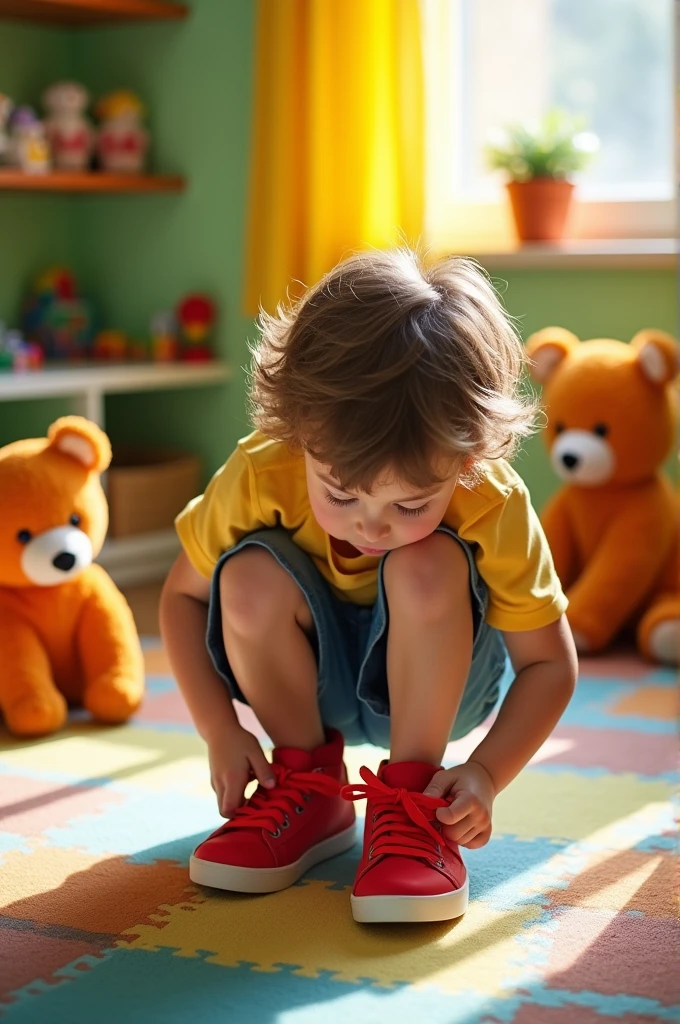 A boy putting on his shoes