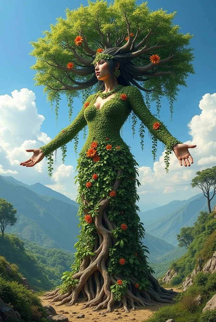 I want an image of Pachamama, the goddess of nature. Her body is made up of elements of nature. The figure should be majestic and harmonious, it looks like a female figure, but at the same time composed entirely enough of natural elements but she is at the size of a normal tree