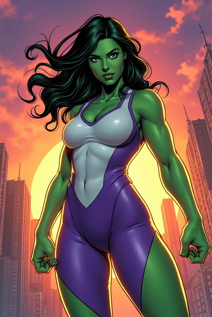 masterpiece, high detailed images, high quality images, high detailed faces, perfect faces, um desenho realista de uma mulher de pele verde, Green arms and legs, rosto verde, cabelos verdes, olhos verdes, In a white swimsuit and long purple boots standing in front of a broken brick wall, Chunks of bricks, rocks on the floor, inspirado por Gary Frank, mulher scifi, muscular female druid, character is in her natural pose, , female warrior, mulher humanoide, She-Hulk!!, She-Hulk!!!!!, comic drawing, inspirado em Clyde Caldwell, Fantastic Art, 8k