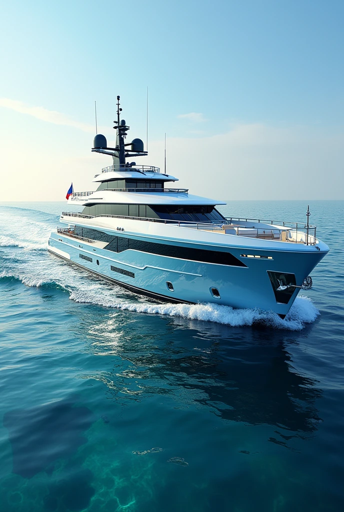 The country of Somalia as a modern motoryacht, colors of the flag (lightblue, white)large yacht, on water, ultra-realistic