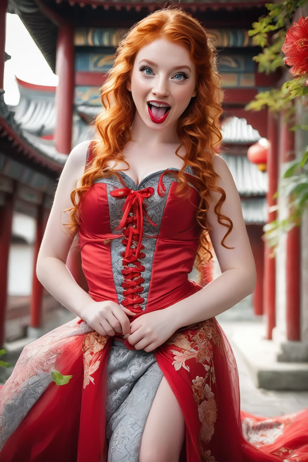 A European girl with vibrant ginger hair and grey eyes, playfully sticking out her long tongue. She wears a stunning red dress adorned with intricate Chinese patterns, featuring a red corset and crinoline. Her long, curly hair cascades volumetrically, while she squats gracefully, holding her skirt. The scene is ultra-realistic, highlighting her long legs and wide hips, complemented by red toe socks.