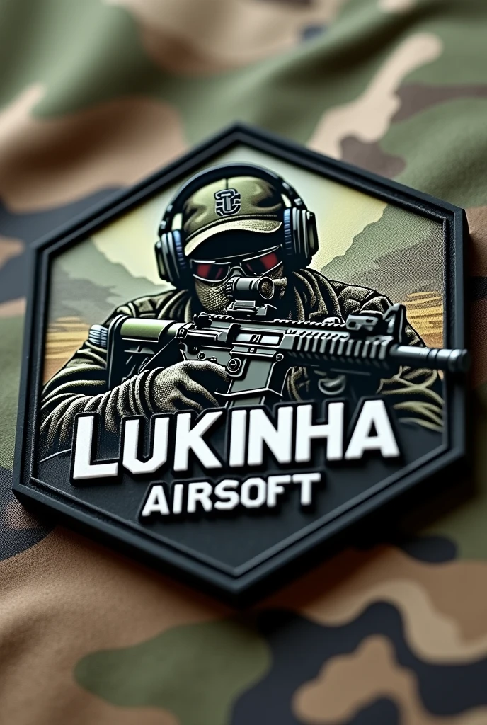 Clichê Patch emborrachado hexagonal, fundo camuflado,brasão militar com o nome Lukinha Airsoft, operador portando um rifle m4 de boné e headfone