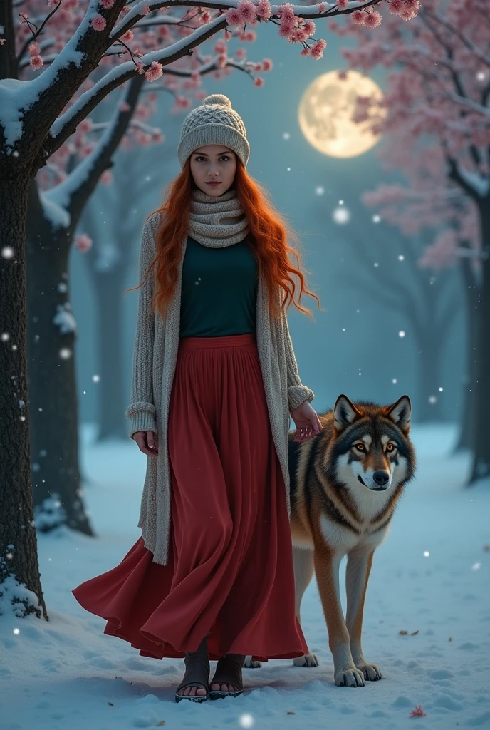 Portrait of a 17 year old Persian girl with long, straight, red hair wearing a knitted cap,and wearing a dark green t-shirt ,and white cardigan,and a long red skirt,wearing a scarf around the neck,and is leading a wolf,beside it in the snow and surrounded by beautiful cherry blossom trees,,and they face the camera,in the dark night atmosphere,lit by the moon and stars,