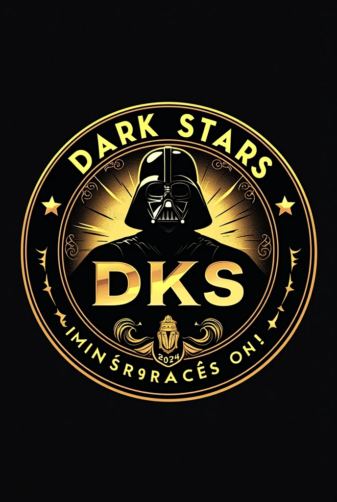 Create a round football (soccer) crest with a **black and gold** color scheme, incorporating elements from the **Star Wars** universe, with **characters** from the movies featured in the design. The name "**Dark Stars**" should be prominently displayed at the top, with the abbreviation "**DKS**" centrally or below the team name. Include the text "**Administração DKS**" as part of the design, positioned either at the bottom or within the central area of the crest. Add **golden stars** as additional elements, possibly around the border or integrated with the overall design. Ensure the **borders are detailed in gold** with intricate patterns, and include the year **2024** subtly within the design. The aesthetic should blend the iconic, futuristic look of Star Wars with the classic style of a football crest.