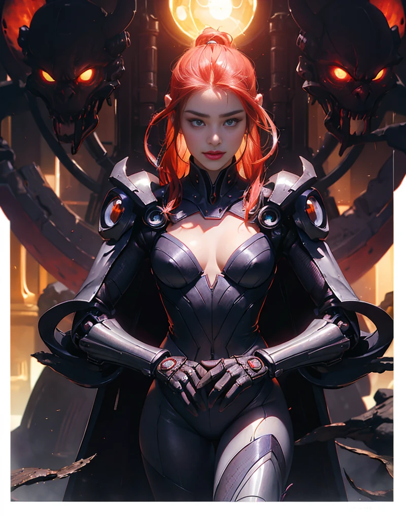 (Background of skimpy mechanical girl and octopus alien)、(Mystical expression)、highest quality、masterpiece、Super high resolution、(Photoreal:1.4)、RAW photo、1 girl、glowing skin、(((1 Mechanical Girl)))、Heavy chest、(red metalボディスーツ)、(Natural alien background to fight aliens)、(Small LED)、((Super realistic details))、vertical giant monster background),global illumination、Shadow、octane rendering、8k、super sharp、Robot background、big breasts、Raw skin exposed in the cleavage、red metal、intricate decorative details、Japan details、very intricate details、realistic light、(Mystical expression),CG Society Trenlow Eyes、Eyes shining towards the camera、Mechanical marginal blood vessels connected to neon detail tubes)、(Wires and cables connecting to the head)、Small LED、,mechanical thighs、two stock、(Hands are also made of machines)、roboT、future alien、Please wear a mechanical helmet、transparent face guard on helmet、
