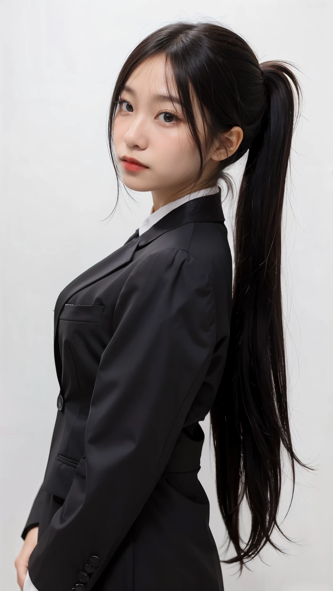 1girl, black random formal attire, white background,