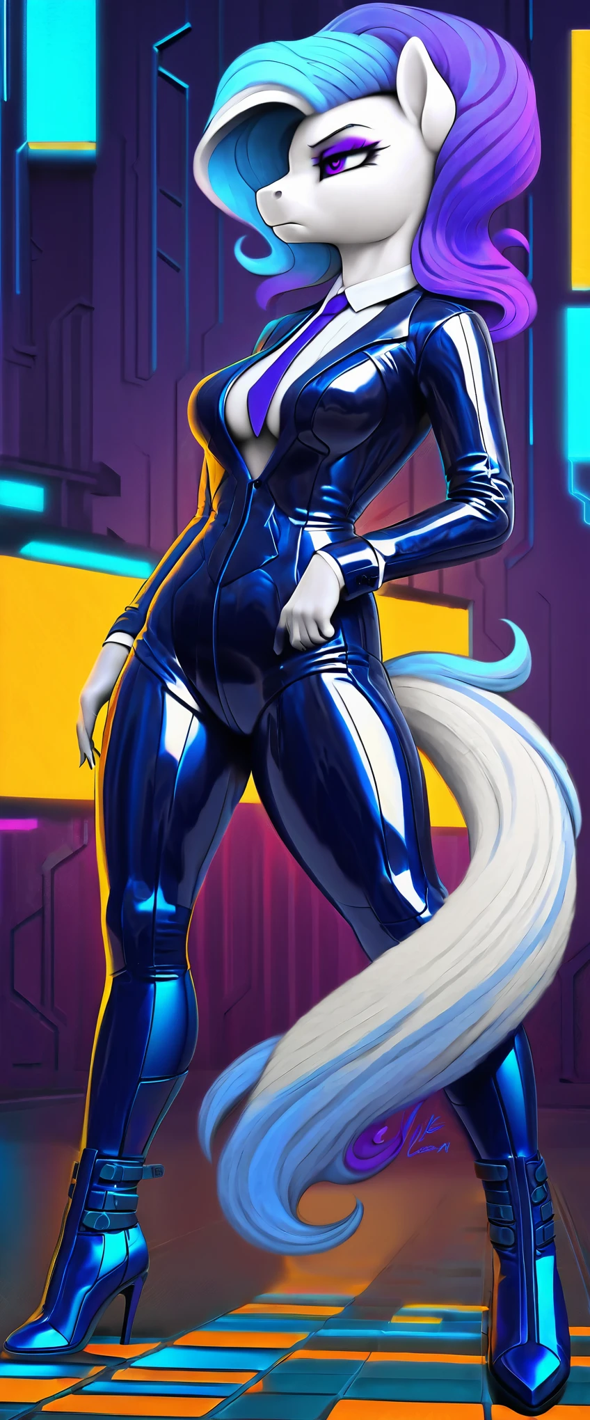 a ((full body)) cartoon picture of an anthropomorphic, android (((pony:0.9))), cyberpunk style, (((shiny latex cyberpunk business suit and tie:1.5))), (((high heeled boots))), generic MLP style, professional drawing, female anthro pony, medium breasts, ((frowning:1.0)), metallic purple eyeliner, (((semi realistic cream white fur))), (((detailed eyes:1.0))), ((electric blue colored cyberpunk mane and tail with violet tips)).