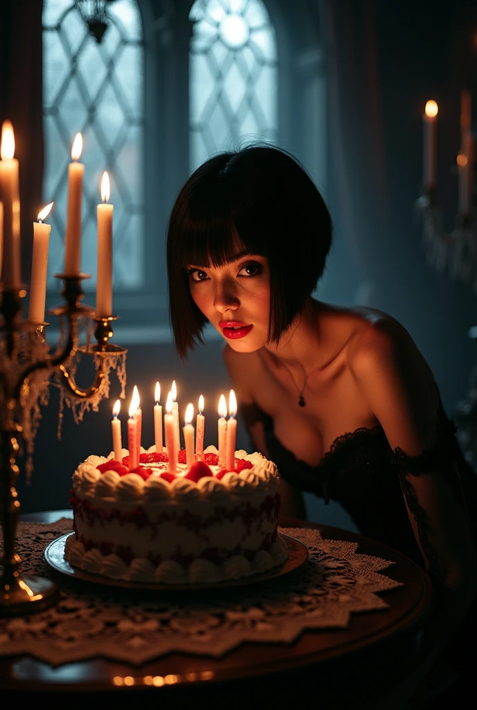 Make a short haired vampire woman blowing out birthday candles on a cake