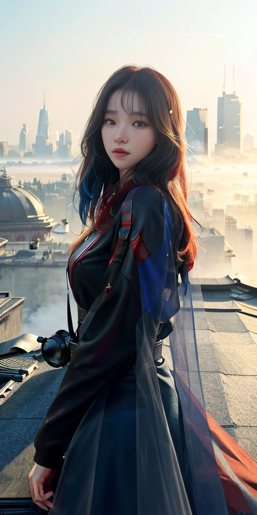 (1girl:1.3), Solo, (((Very detailed face)))), ((Very detailed eyes and face)))), Beautiful detail eyes, Body parts__, Official art, Unified 8k wallpaper, Super detailed, beautiful and beautiful, beautiful, masterpiece, best quality, original, masterpiece, super fine photo, best quality, super high resolution, realistic realism, sunlight, full body portrait, amazing beauty, dynamic pose, delicate face, vibrant eyes, (from the front), She wears Spider-Man suit, red and black color scheme, spider, very detailed city roof background, rooftop, overlooking the city, detailed face, detailed complex busy background, messy, gorgeous, milky white, highly detailed skin, realistic skin details, visible pores, clear focus, volumetric fog, 8k uhd, DSLR, high quality, film grain, fair skin, photo realism, lomography, futuristic dystopian megalopolis, translucent