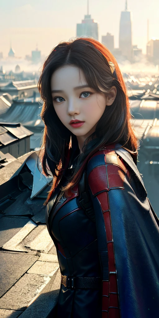 (1girl:1.3), Solo, (((Very detailed face)))), ((Very detailed eyes and face)))), Beautiful detail eyes, Body parts__, Official art, Unified 8k wallpaper, Super detailed, beautiful and beautiful, beautiful, masterpiece, best quality, original, masterpiece, super fine photo, best quality, super high resolution, realistic realism, sunlight, full body portrait, amazing beauty, dynamic pose, delicate face, vibrant eyes, (from the front), She wears Spider-Man suit, red and black color scheme, spider, very detailed city roof background, rooftop, overlooking the city, detailed face, detailed complex busy background, messy, gorgeous, milky white, highly detailed skin, realistic skin details, visible pores, clear focus, volumetric fog, 8k uhd, DSLR, high quality, film grain, fair skin, photo realism, lomography, futuristic dystopian megalopolis, translucent