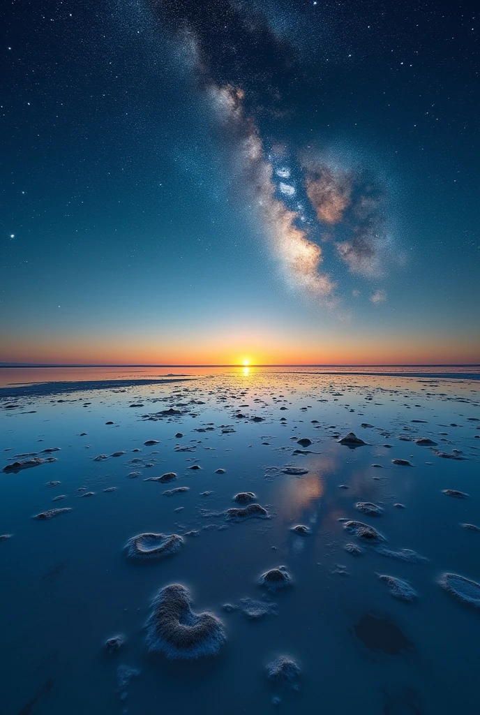 Highest quality、masterpiece、Film Grain、Ultra-high resolution、Galaxy reflected in the Uyuni Salt Flats、(((yellow Starry Sky:1.5)))、blue crescent moon :0.1、