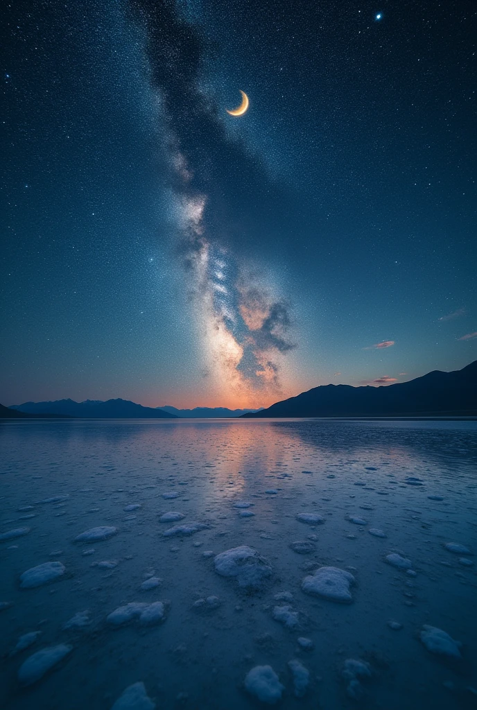 Highest quality、masterpiece、Film Grain、Ultra-high resolution、Galaxy reflected in the Uyuni Salt Flats、(((yellow Starry Sky:1.5)))、blue crescent moon :0.1、