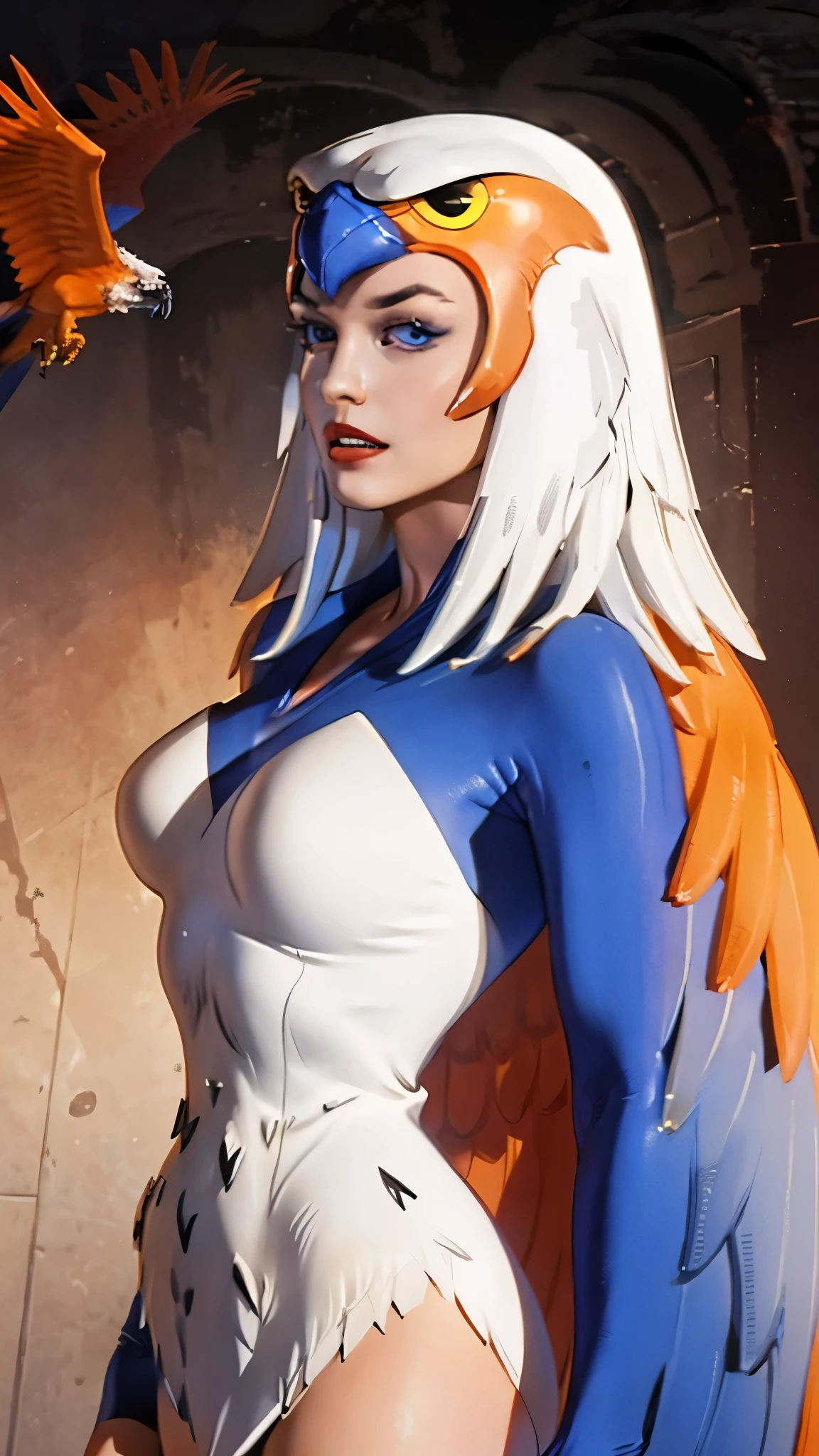 sempre em 正面,pose,looking ahead at viewer,standing alone, break, 
animated cartoon_Sorceress_Same_90s_ownwaifu, www.ownwaifu.featuring,
breastsout, long hair, medium breastsout, White hair, lips, make up, lipstick, blue colored eyes, monster girl, nase, red lips, animation, 
wings, feathered wings, feathers, White hair, angel wings, white wings, harpy, skintight, winged arms, bird, bird wings, helmet, multiple wings, 
break, offcial art,Extremely detailed CG 8k unity wallpaper, perfect lighting,colorfully, Ablaze_正面_Face_Lighting,pele Ablaze, (work of art:1.0),(better_品質:1.0), ultra high resolution,4K,ultra detali, fot, 8k, HDR, high resolution, (absurderes:1.2), 400 for Kodak door, film grain, nblurry background,(Vibrant_Farbe:1.2),fot profissional,