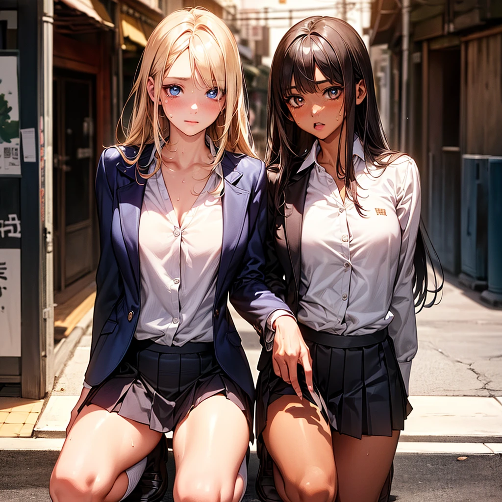 (((night,真night中))),((Perfect Anatomy:1.2,Realistic:1.3,RAW Photos:1.3,masterpiece、Highest quality、Ultra - High resolution、High resolution、Extremely detailed CG、8k)),Cowboy Shot,1 female,alone,18-year-old、High school girl beautiful girl,Japanese,((Beautiful and exquisite face and eyes:1.2,Big beautiful eyes:1.3,)),Blonde,Long Hair,(Center parted hair:1.4,amount),Medium chest,Slender body,Small Head:1.3,skinny,(Brown Skin:1.4),(Oily skin,Glowing Skin,Glowing Skin,Sweat:1.2),(school uniform、Dark blue blazer jacket、Checkered pleated mini skirt),Kneel,Dirty back alley、Tokyo、