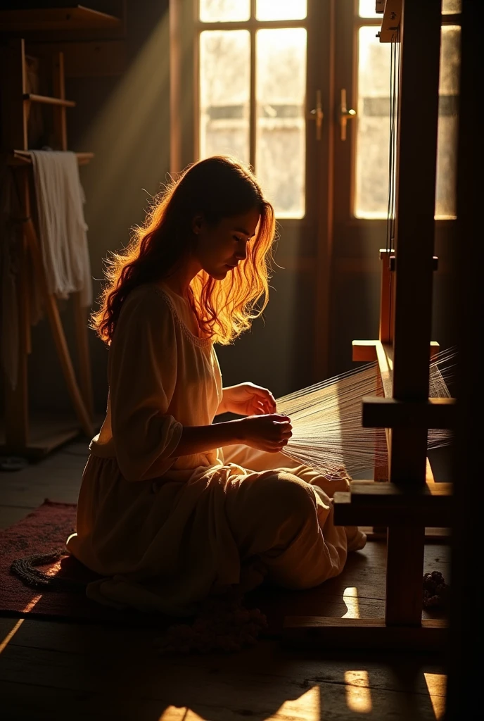 Picture a young woman working on a loom, with the setting sun casting long shadows and highlighting her profile. Use darker shades to create deep shadows and emphasize the contrast between light and dark.