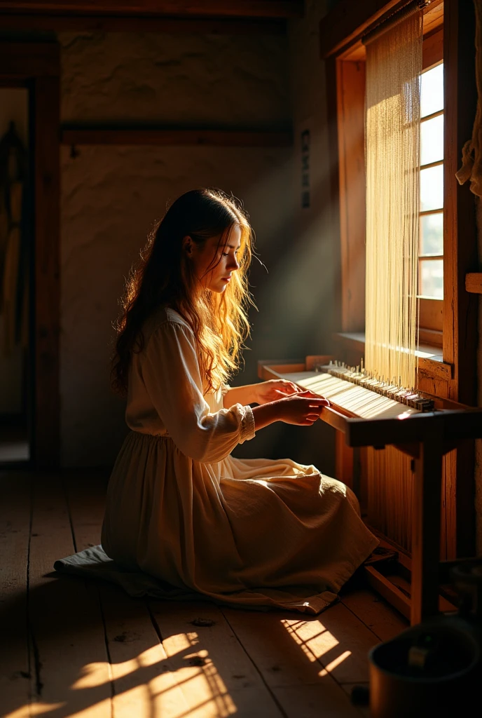 Picture a young woman working on a loom, with the setting sun casting long shadows and highlighting her profile. Use darker shades to create deep shadows and emphasize the contrast between light and dark.