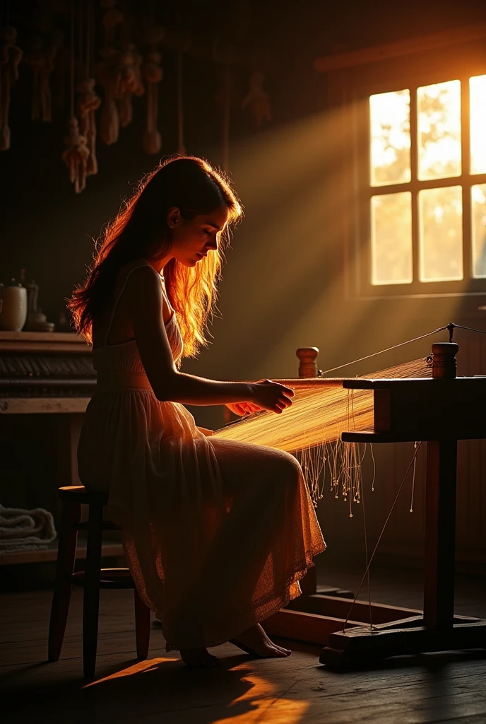 Picture a young woman working on a loom, with the setting sun casting long shadows and highlighting her profile. Use darker shades to create deep shadows and emphasize the contrast between light and dark.