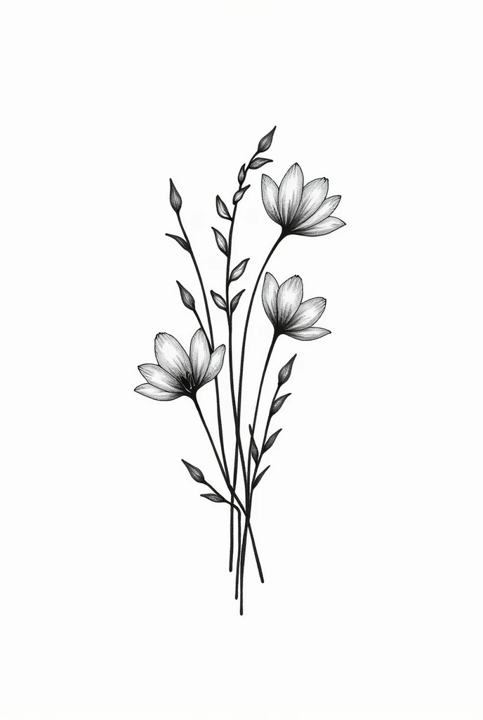 A minimalist tattoo of a bouquet of flowers combining the birth flowers of March, May, August and October in black and white (illustration)